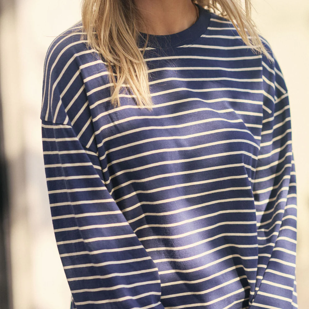 Beau Long Sleeve Slouchy Tee - Heritage Navy Marshmallow Stripe - Image 3