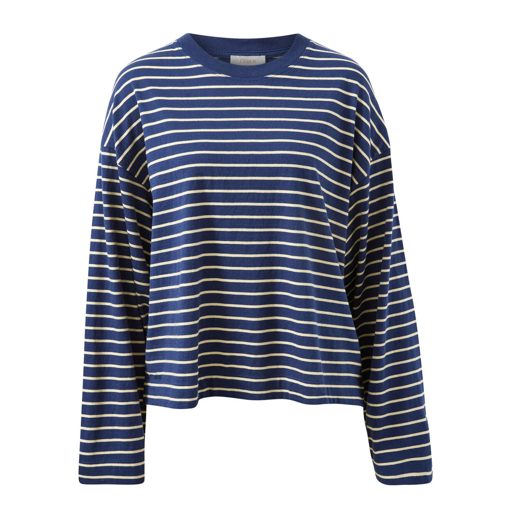 Beau Long Sleeve Slouchy Tee - Heritage Navy Marshmallow Stripe - Image 5