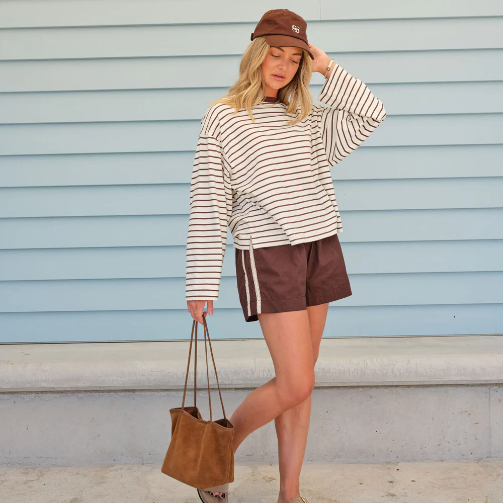 Beau Long Sleeve Slouchy Tee - Milk + Brunette Brown Stripe