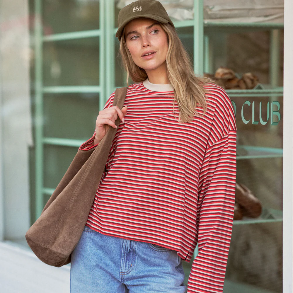 Beau Long Sleeve Slouchy Tee - Mulberry, Red + Stone Stripe