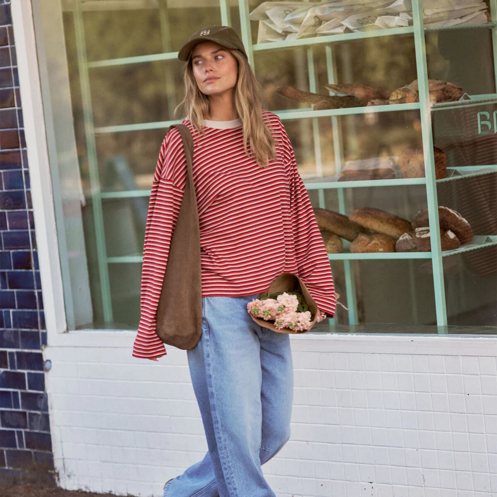 Beau Long Sleeve Slouchy Tee - Mulberry, Red + Stone Stripe - Image 2