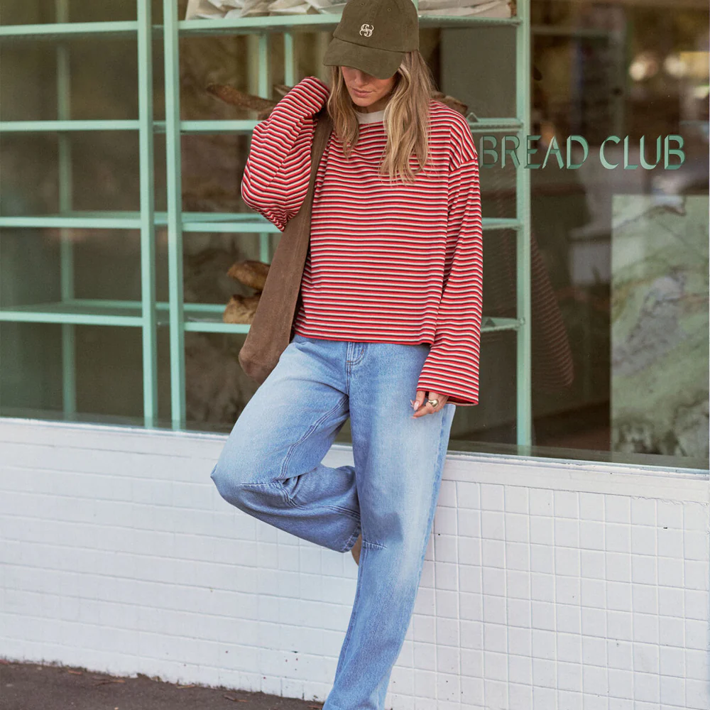 Beau Long Sleeve Slouchy Tee - Mulberry, Red + Stone Stripe - Image 4