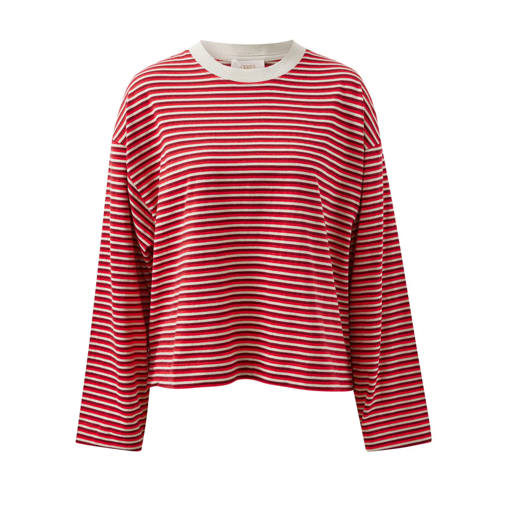 Beau Long Sleeve Slouchy Tee - Mulberry, Red + Stone Stripe - Image 6