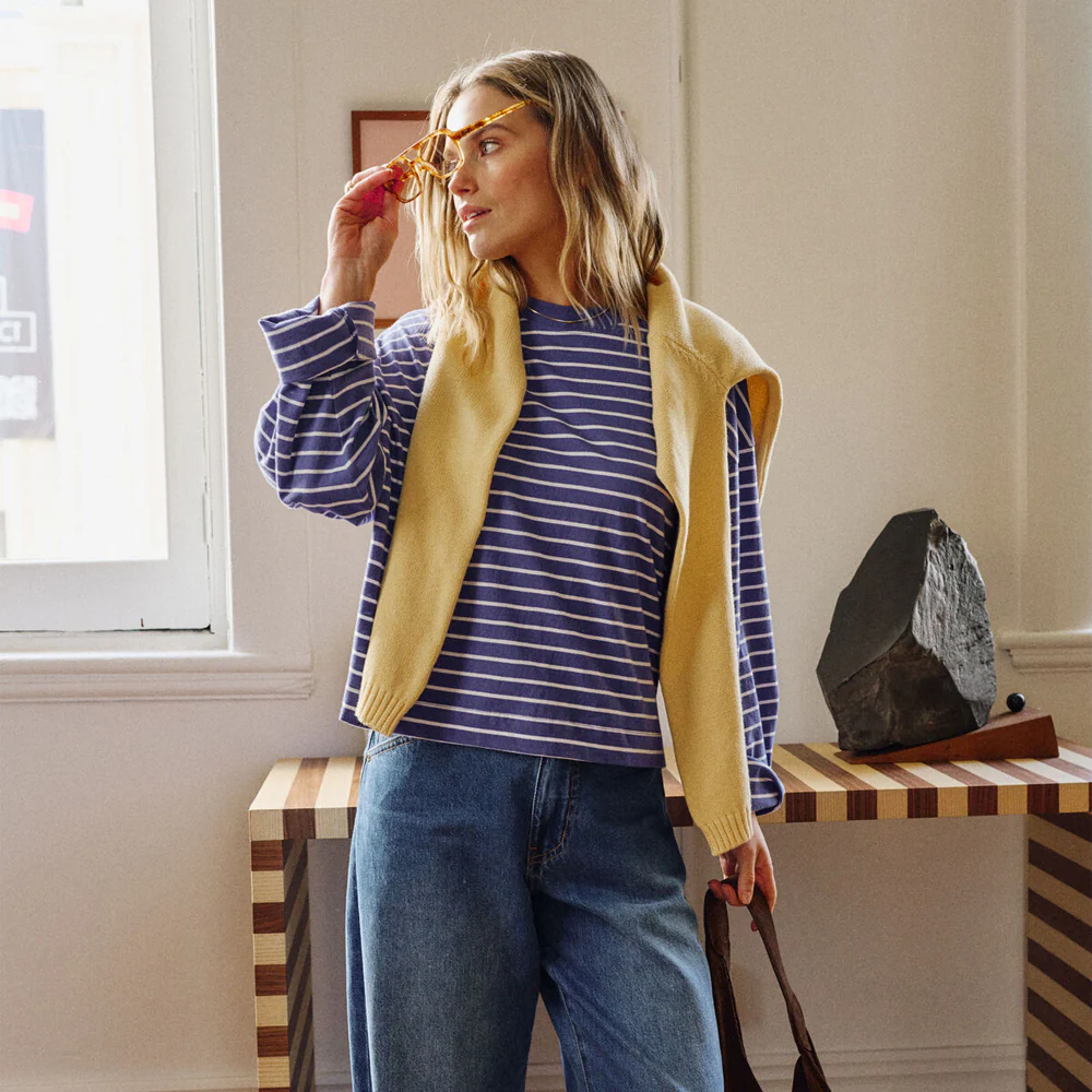 Beau Long Sleeve Slouchy Tee - Polo Blue + White Stripe - Image 2