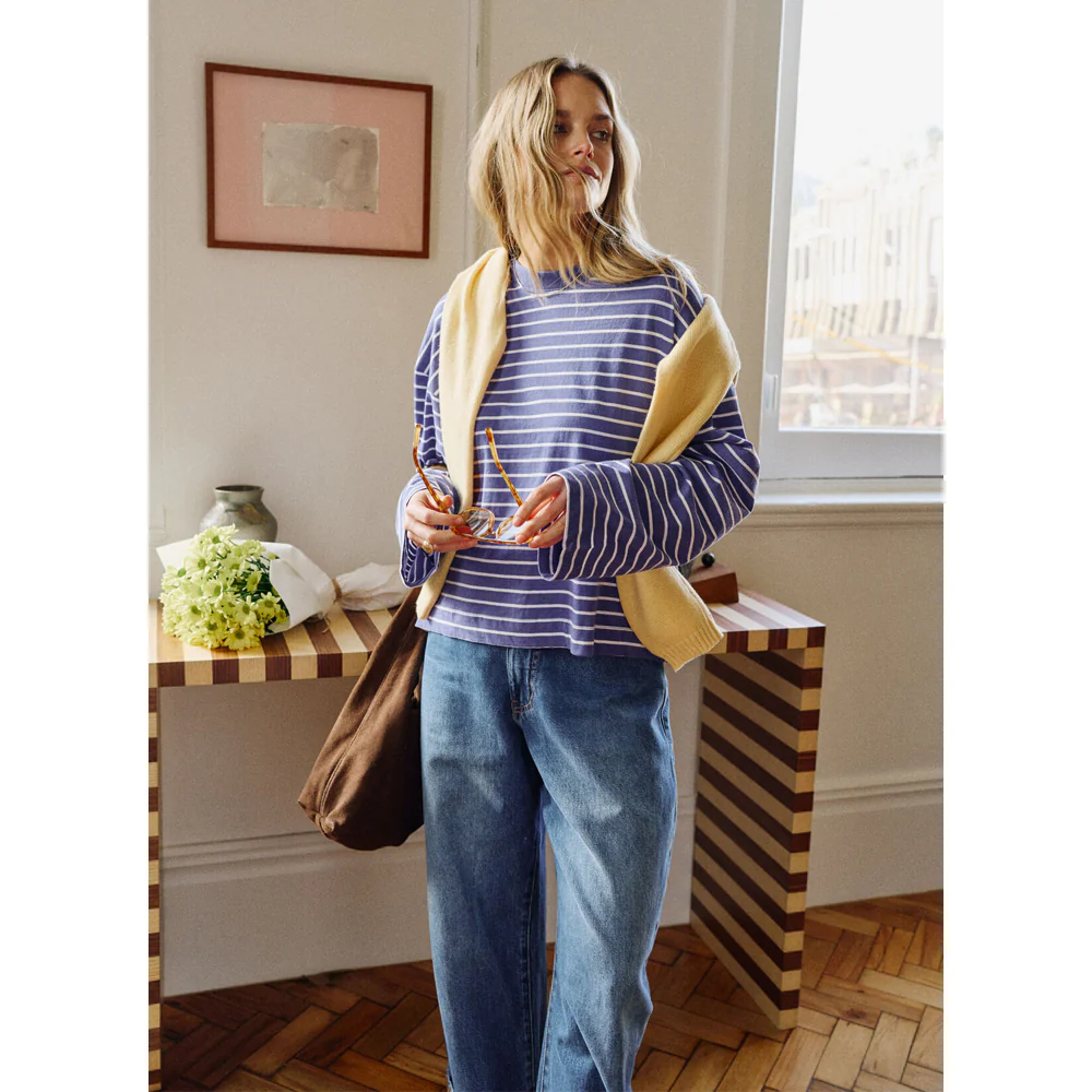 Beau Long Sleeve Slouchy Tee - Polo Blue + White Stripe - Image 3