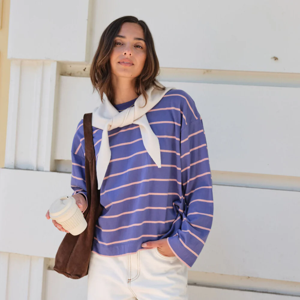 Beau Long Sleeve Slouchy Tee - Washed Navy + Pink Clay