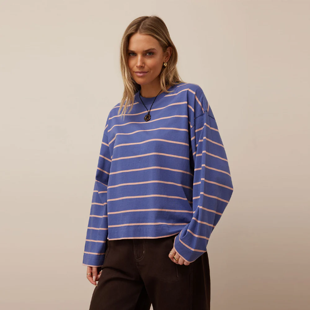 Beau Long Sleeve Slouchy Tee - Washed Navy + Pink Clay - Image 2