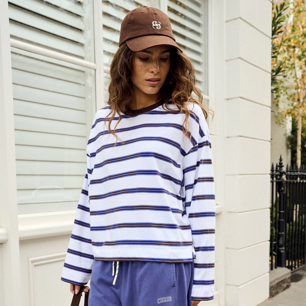 Beau Long Sleeve Slouchy Tee - White Polo Choc Stripe - Image 2