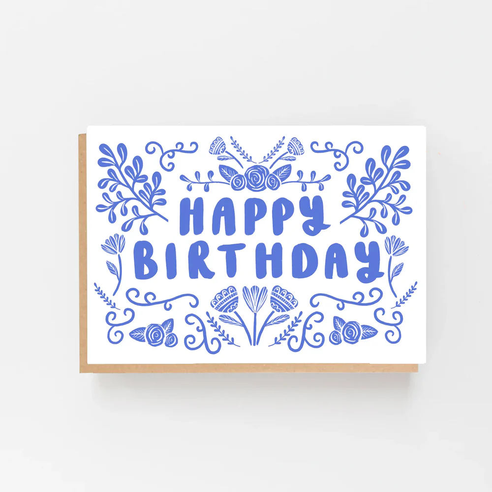 Folk Blue Happy Birthday Card