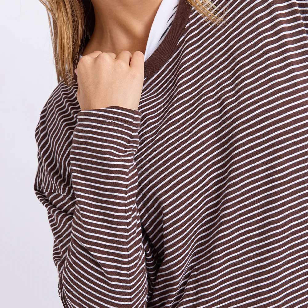 Hutch Long Sleeve Tee - Coffee + White Stripe - Image 2