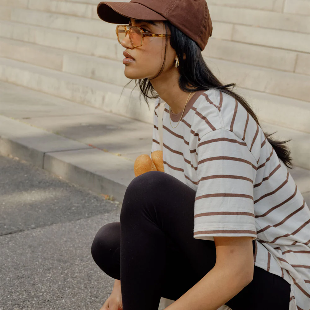 Lola Longline Step Hem Tee - Buff + Brunette Stripe - Image 2