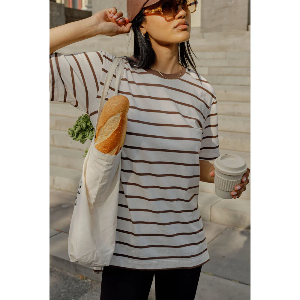 Lola Longline Step Hem Tee - Buff + Brunette Stripe - Image 3