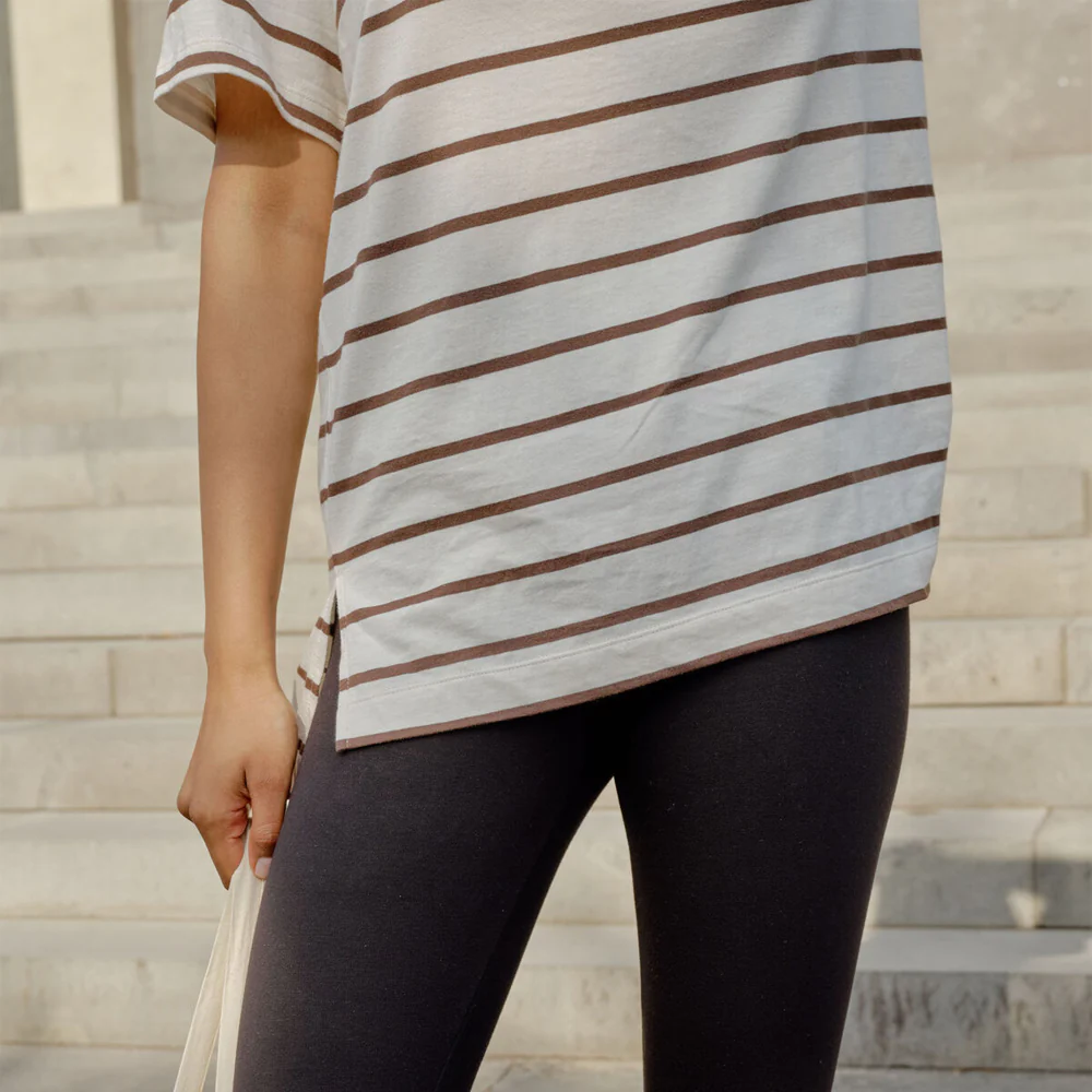 Lola Longline Step Hem Tee - Buff + Brunette Stripe - Image 4