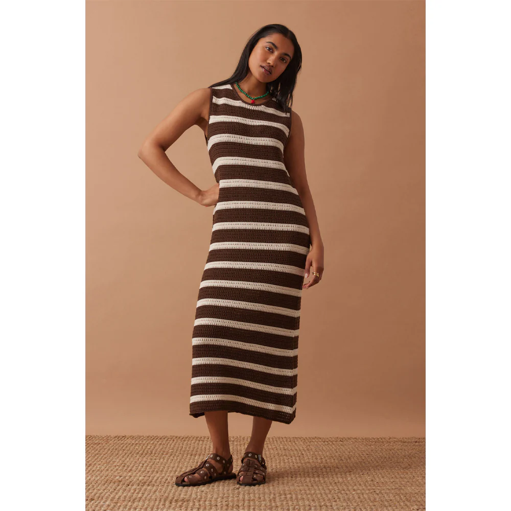 Margot Mesh Knit Tank Midi Dress - Choc Stripe - Image 4
