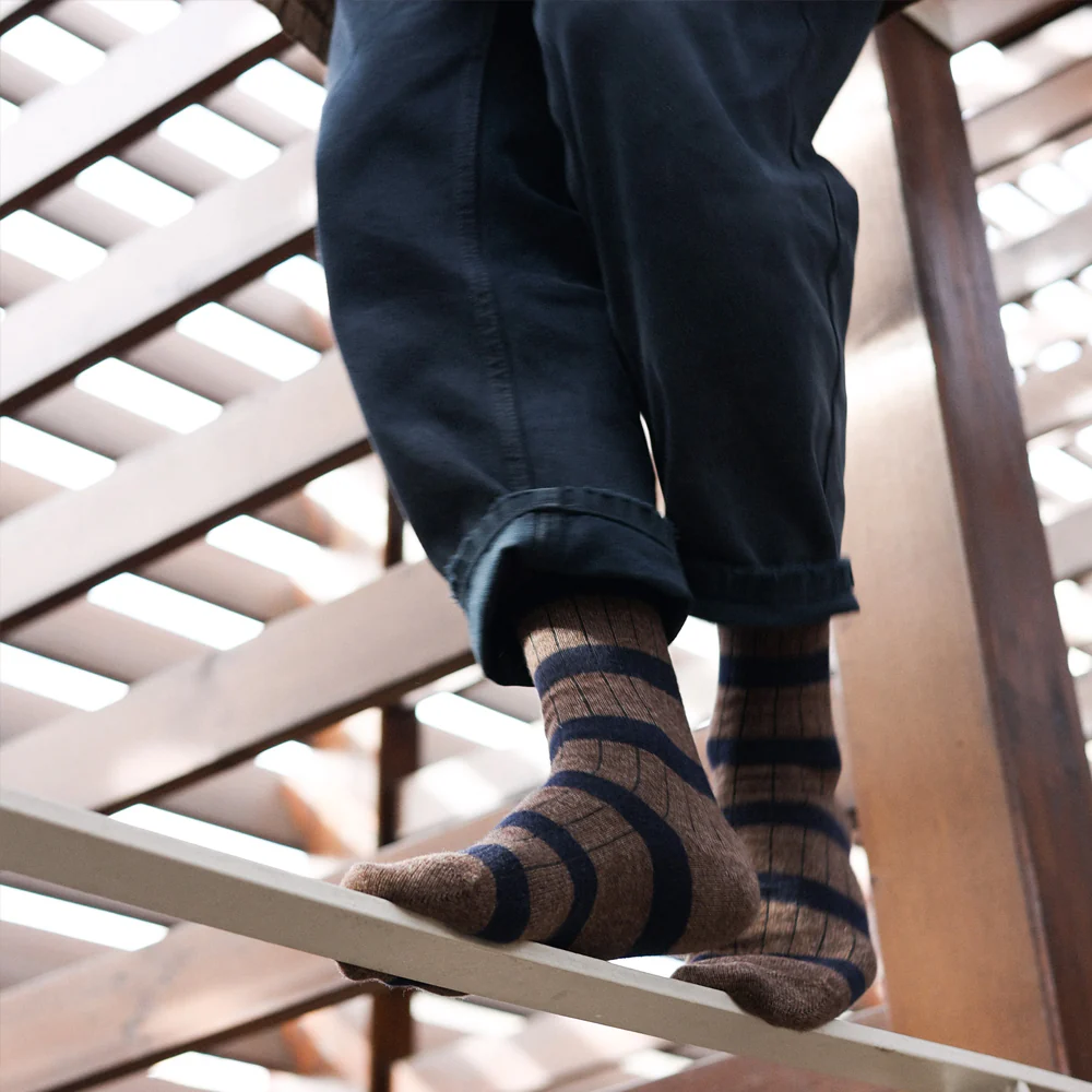 Merino Men's Stripe Socks - Brown/Navy