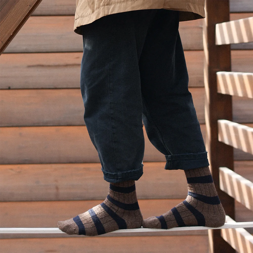 Merino Men's Stripe Socks - Brown/Navy - Image 2