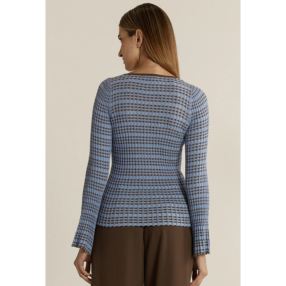 Nesta Check Knit Top - Blue + Chocolate - Image 5