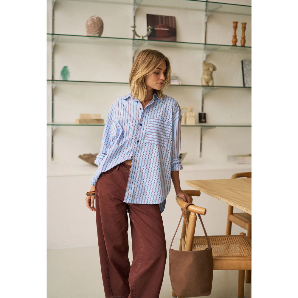 Peta Oversized Shirt - Sky Blue Burgundy Stripe - Image 4