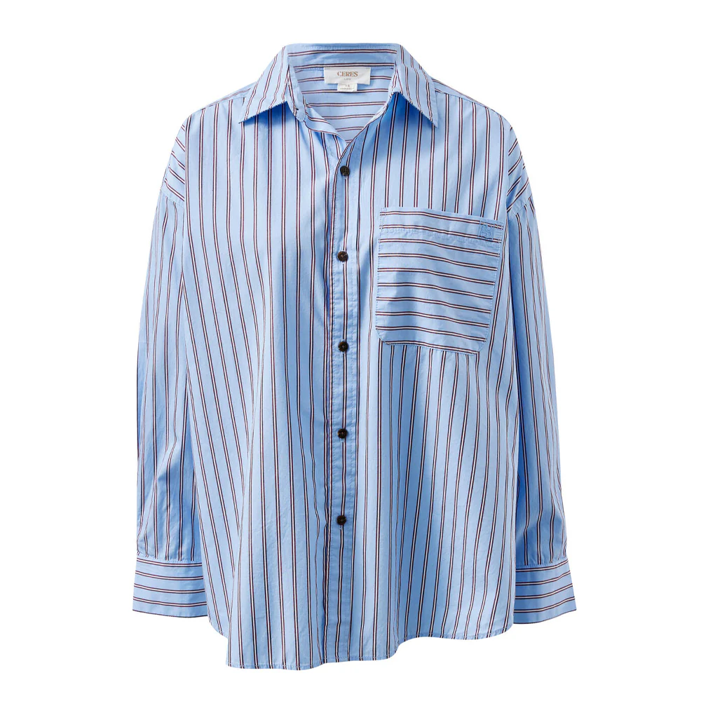 Peta Oversized Shirt - Sky Blue Burgundy Stripe - Image 5