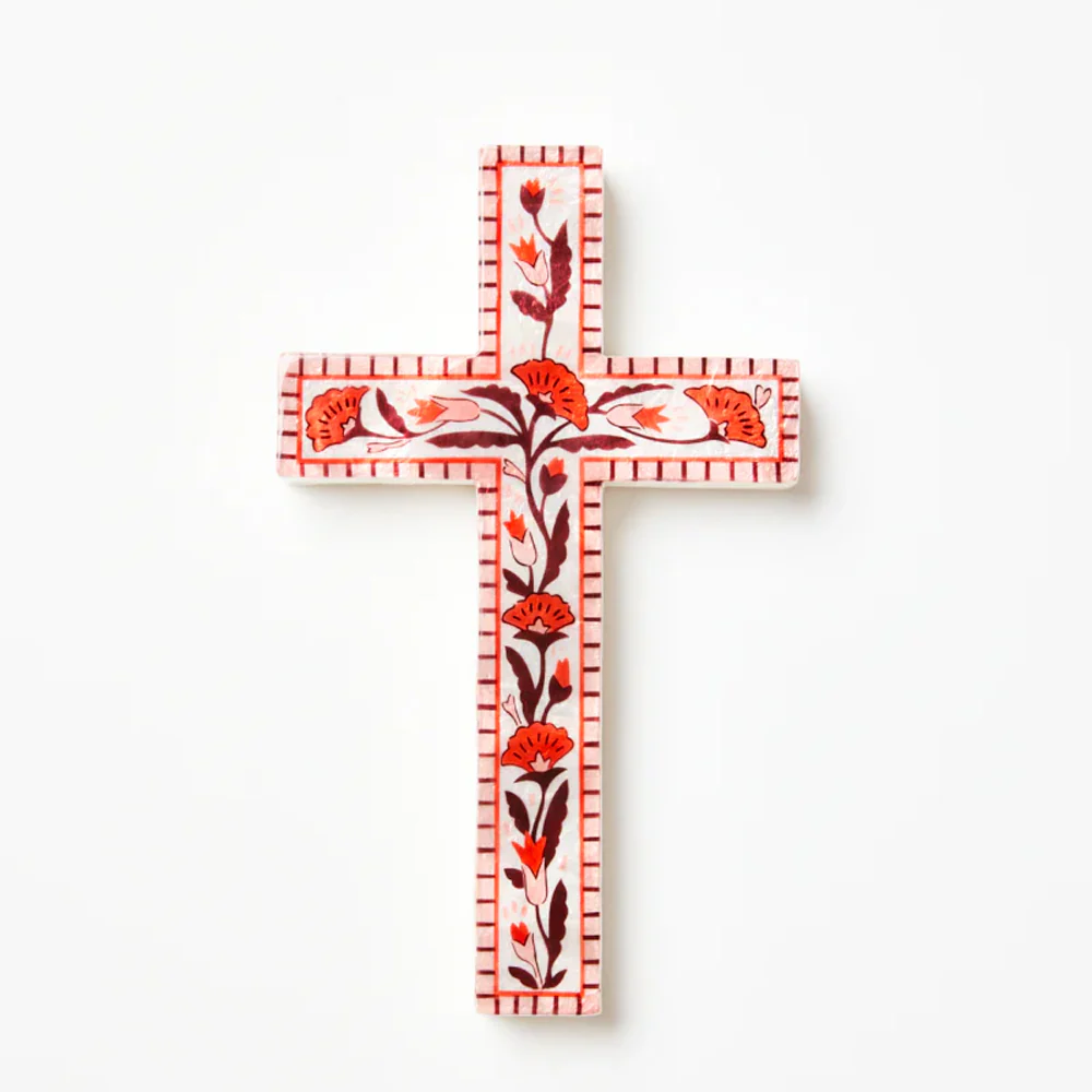 Samira Large Cross Pink Flower Wall Tile