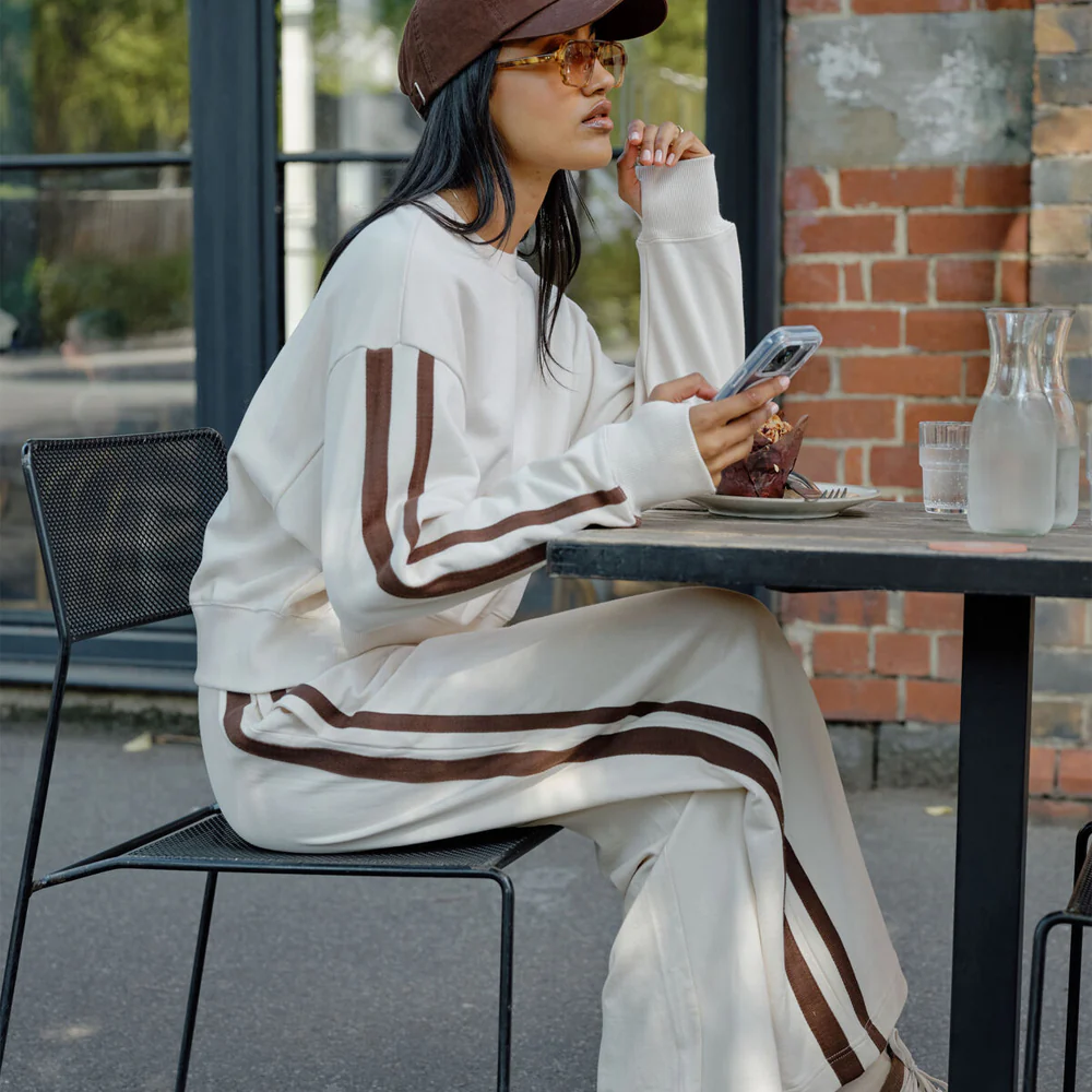 Sasha Sporty Slouchy Crew - Buff Chocolate Side Stripe - Image 2