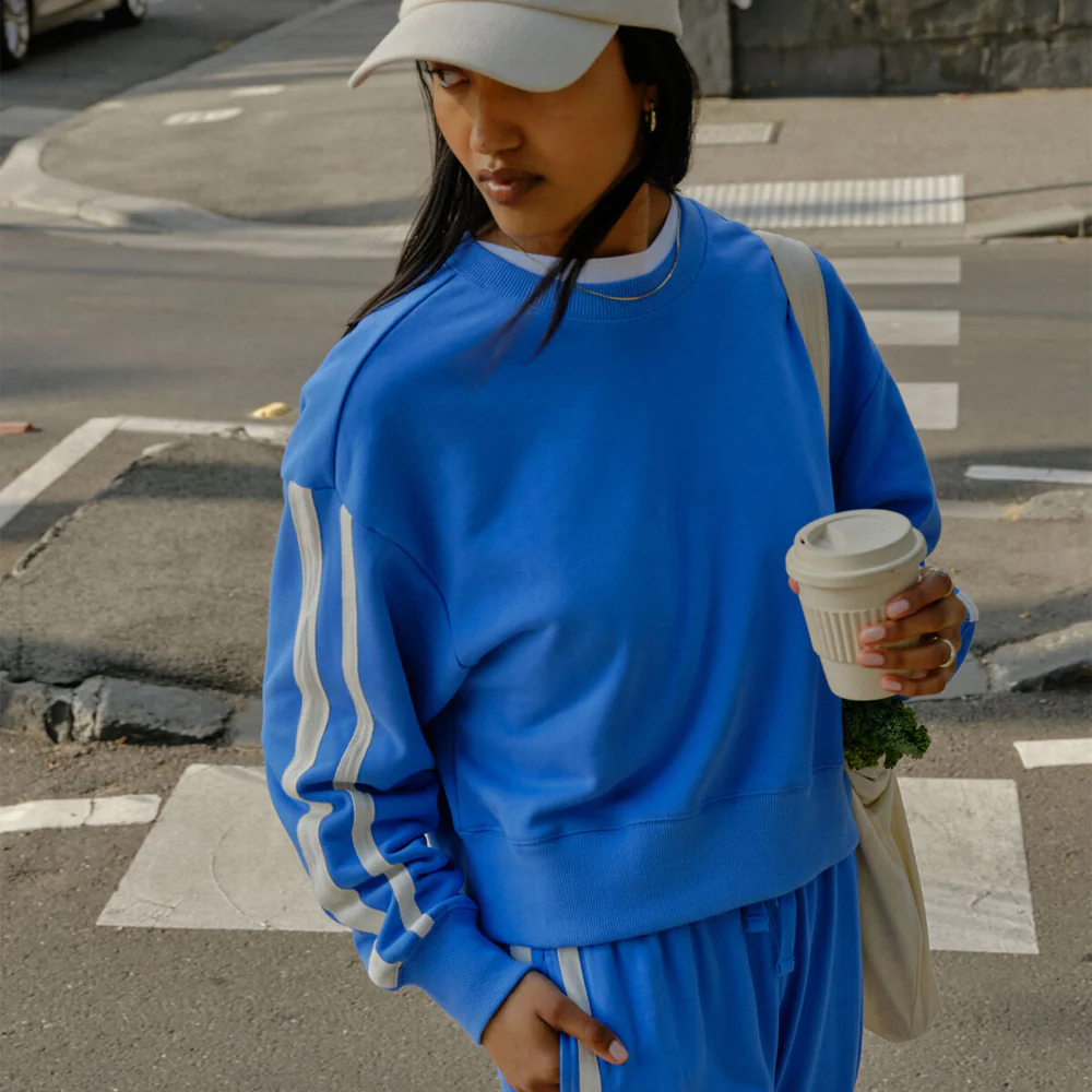 Sasha Sporty Slouchy Crew - Marine Blue Side Stripe