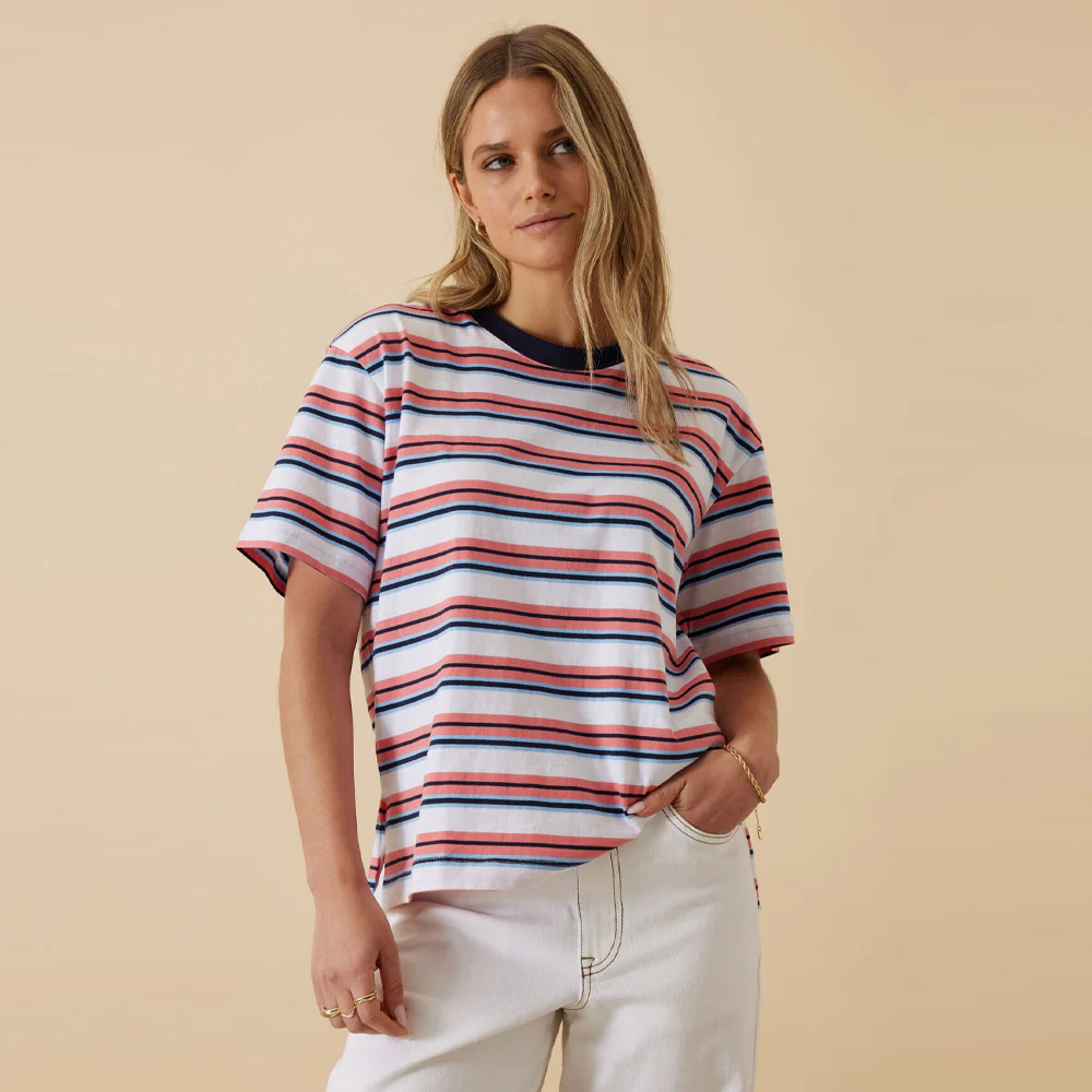 Stevie Slouchy Tee - Washed Coral + New Navy Stripe - Image 4